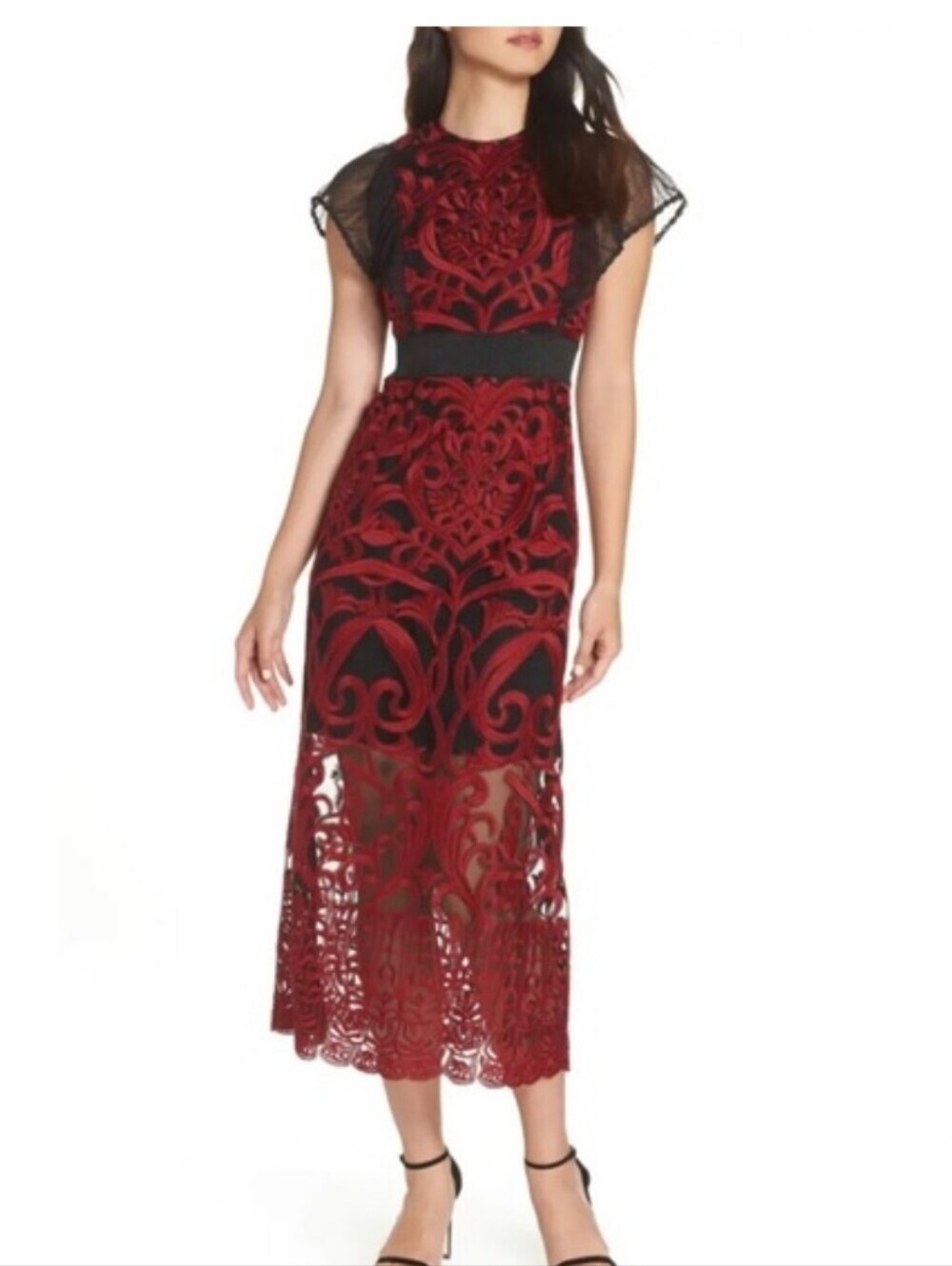 Foxiedox Anthropologie Red Black Lace Maxi Dress Size 8 Gothic Romantic Formal